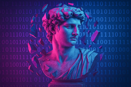 Neon greek bust with digital binary background illustration symbolizing art and technology fusion,...