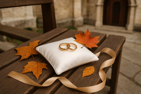 Autumn wedding rings on a silk pillow with maple leaves outdoors. concept of romantic fall wedding,...