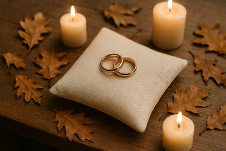 Golden wedding rings on cushion surrounded by candles and autumn leaves on wooden table. concept of romantic wedding decor, cozy atmosphere, intimate celebration.の写真素材