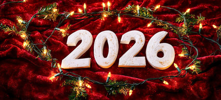 Festive holiday lights and red velvet celebrate 2026. concept of new year celebration, seasonal...