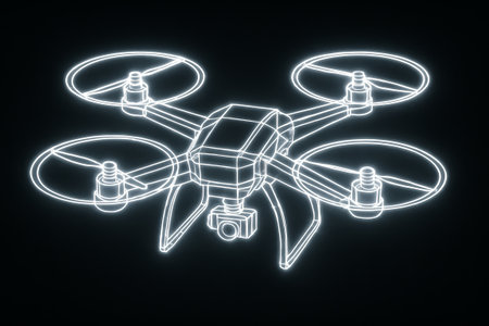 Neon wireframe drone illustration showcasing futuristic technology and innovation concept in modern...