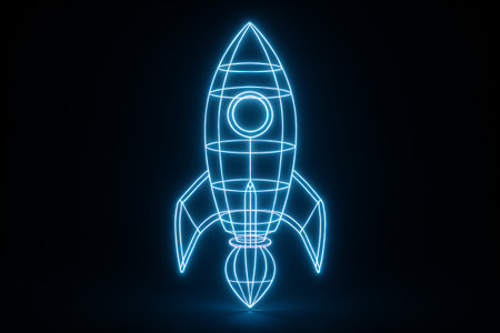 Neon wireframe rocket illustration glowing against dark background. concept of futuristic space exploration, modern technology, innovative design.の写真素材