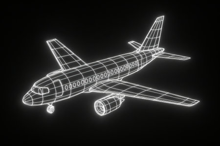 Neon airplane glow on black background concept of futuristic flight, aviation design, technological innovation and modern travel.の写真素材