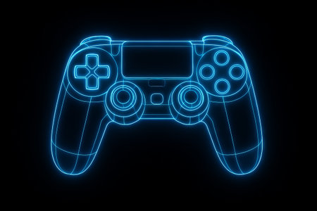 Neon wireframe controller illustration featuring futuristic gaming concept on black background,...