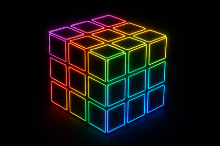 Neon wireframe cube in simple composition with vivid colors on a black background. concept of...