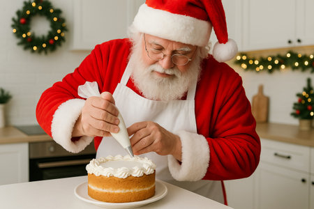 Santa claus decorating christmas cake in festive kitchen setting. concept of holiday baking, christmas spirit, festive celebration.の写真素材