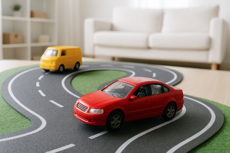 Red car and yellow van toy models on curved road track in bright living room. concept of playtime, children's toys, creative play environment.の写真素材