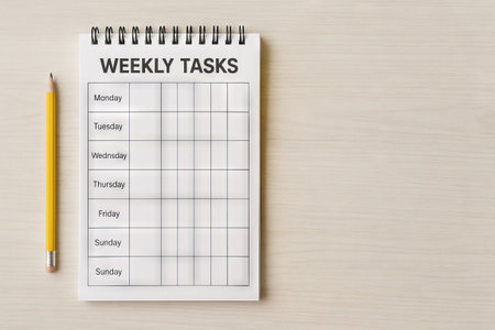 Weekly tasks planner on wooden desk with pencil for daily organization and productivity. concept of...