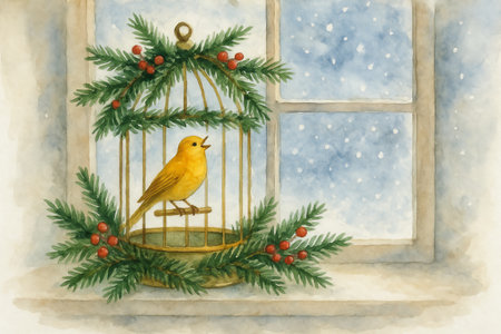 Watercolor canary in festive cage with snowy christmas window scene. concept of winter holiday, seasonal decor, peaceful atmosphere, artistic bird illustration.の写真素材
