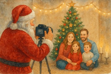 Santa claus photographer capturing family portrait by christmas tree in cozy holiday setting. concept of family tradition, festive photography, joyful celebration.のeditorial素材