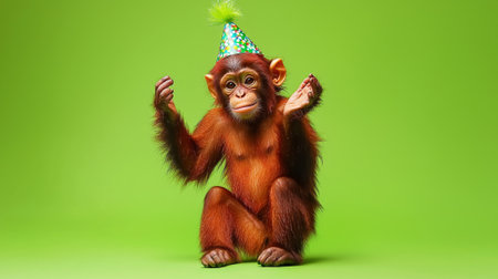 Mischievous monkey wearing a party hat dancing on a vibrant green background. concept of...