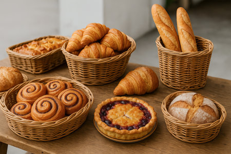 Assortment of freshly baked pastries and bread in baskets on a wooden table. concept of bakery, artisan bread, delicious breakfast selection, culinary delight.の写真素材