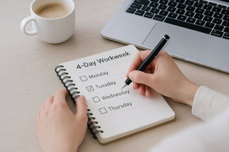 Person planning a 4 day workweek by writing on a notebook with a cup of coffee and laptop on a desk....