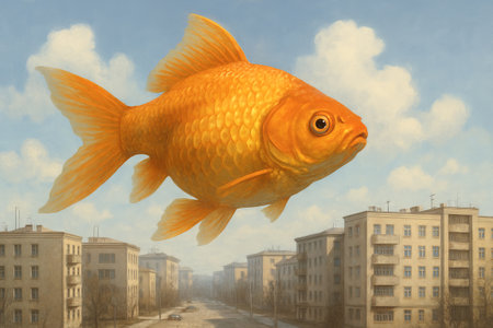 Golden fish floating in the sky above city buildings surreal dreamlike scene. concept of fantasy,...