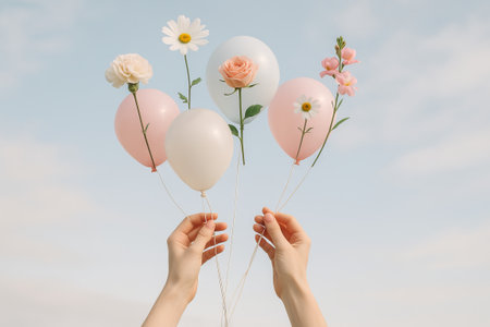 Pastel balloons with flowers ascending into blue sky capturing serenity and beauty. concept of...