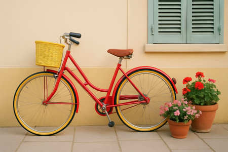 Red bicycle with yellow basket against pastel wall and potted flowers creating simple composition...