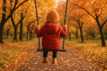 Child enjoying autumn on a swing in a scenic park filled with vibrant fall foliage. concept of outdoor fun, seasonal beauty, childhood adventure.の写真素材