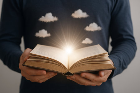 Magical book with glowing light and floating clouds in hands. concept of fantasy, imagination,...