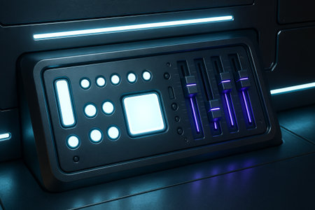 Futuristic control panel with illuminated buttons and sliders in a sci-fi setting. concept of...
