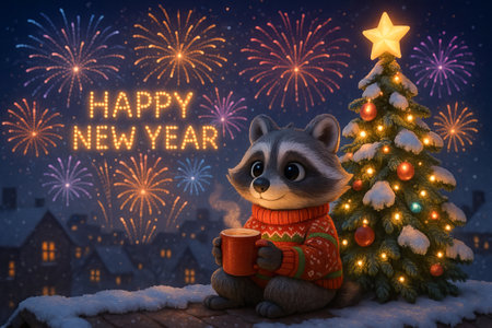 Cute festive raccoon enjoying rooftop view with new year fireworks and decorated christmas tree illustration.の写真素材