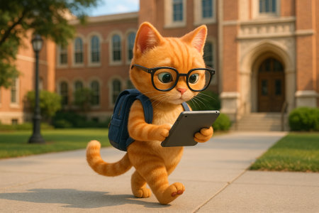 Illustration of a scholarly cat with glasses and backpack exploring a campus, holding tablet in paws. concept of academic adventure, learning, educational exploration.の写真素材