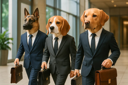 Dapper dog trio in stylish suits walking through business corridor with briefcases. concept of...