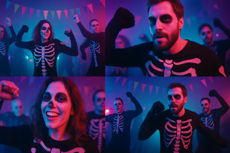Skeleton costume dance party with friends in a colorful neon setting capturing the vibrant energy of halloween celebration and festive night fun.の写真素材