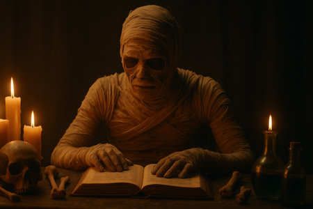 Mummy in mystical study with open book and flickering candlelight for halloween evening concept of...