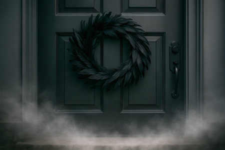 Foggy halloween doorstep featuring black feather wreath and mysterious dark atmosphere, concept of spooky decor, haunted entrance, holiday celebration.の写真素材