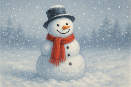 Snowman in red scarf with black hat amidst gentle snowfall in winter forest illustration. concept of seasonal festivity, cold weather charm, playful wintertime.の写真素材