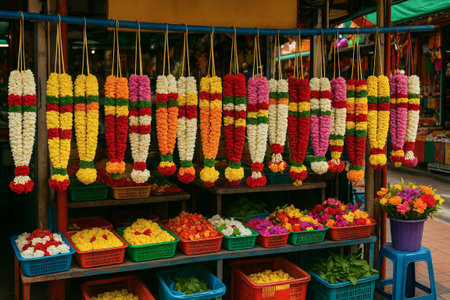 Vibrant flower garlands hanging in a market stall with colorful floral arrangements displayed in...