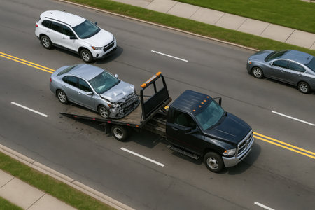 Tow truck towing a damaged car on an urban street with other vehicles on a clear day. concept of roadside assistance, vehicle recovery, traffic management.の写真素材