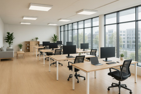 Modern minimalist office interior with open workspace design and natural light enhancing...