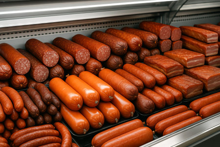 Assorted smoked meats display highlighting sausages and cold cuts in a butcher shop showcase....