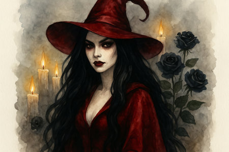Mysterious witch in red cloak with black roses and candles watercolor illustration. concept of...
