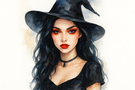 Stylish young witch with dark hair and red makeup wearing a pointed hat. concept of enchanting...