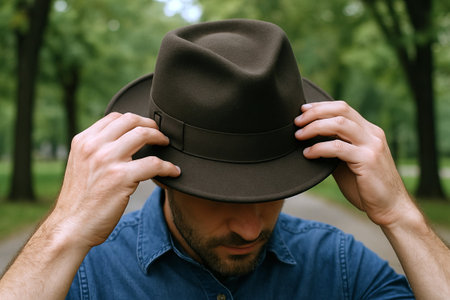 Man adjusting stylish hat in outdoor setting surrounded by lush green park. concept of fashion accessory, outdoor leisure.のeditorial素材