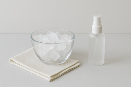 Ice cubes and mist sprayer on white fabric napkin for refreshment and cooling concept on a simple...