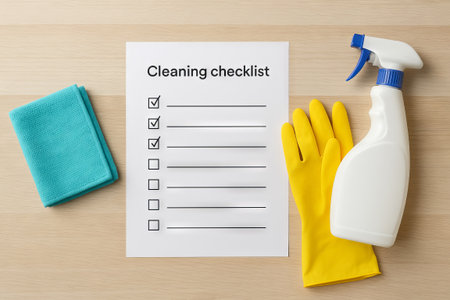Cleaning checklist with blue cloth, yellow gloves, and spray bottle on wooden surface. concept of...