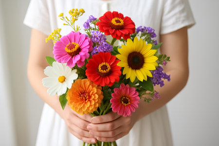 Vibrant summer flower bouquet held by woman in white dress. concept of floral arrangement, bright...