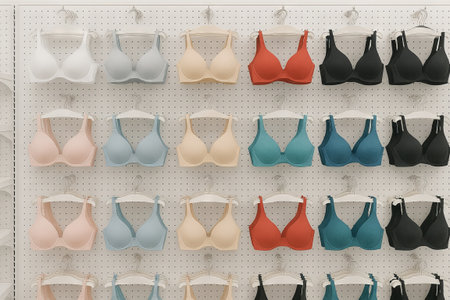 Variety of bras displayed on store wall hangers in diverse colors and styles. concept of fashion, lingerie selection, retail shopping experience.の写真素材