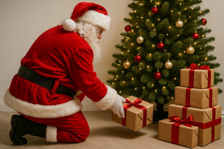 Santa claus arranging wrapped gifts beside a decorated christmas tree, capturing the spirit of holiday giving and festive celebration. concept of christmas tradition, joyful season, holiday decor.の写真素材
