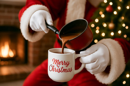Santa claus pouring hot cocoa into mug by fireplace and christmas tree. concept of cozy holiday moments, festive warmth, christmas spirit.の写真素材