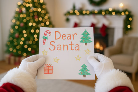 Santa's hands holding a colorful letter to santa claus in front of festive christmas decor. concept...