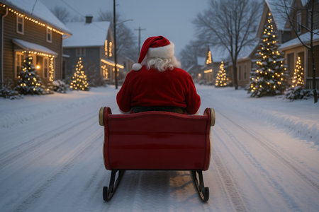 Santa claus riding sleigh down a snow-covered street with illuminated trees during a winter evening. concept of christmas magic, festive season, holiday tradition.の写真素材