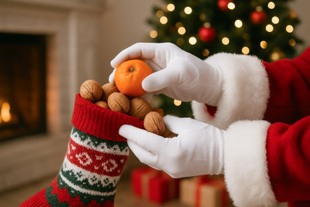 Santa claus with christmas stocking by fireplace, santa filling stocking with orange and nuts, christmas holiday decor, festive season, cozy winter scene.の写真素材