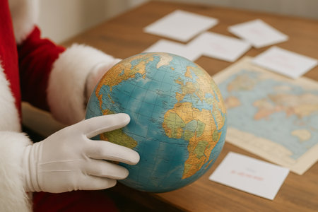 Santa claus holding globe on wooden table with maps indoors. concept of global christmas celebration, holiday exploration, festive travel plans.の写真素材