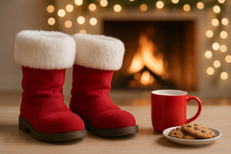 Santa's red boots by the fireplace with hot cocoa and cookies for cozy christmas eve. concept of festive decor, holiday warmth, christmas tradition.の写真素材