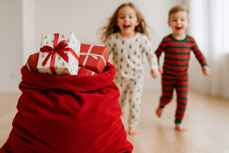 Joyful children running toward a bag of holiday gifts in cozy pajamas. concept of childhood excitement, christmas morning, holiday anticipation.の写真素材