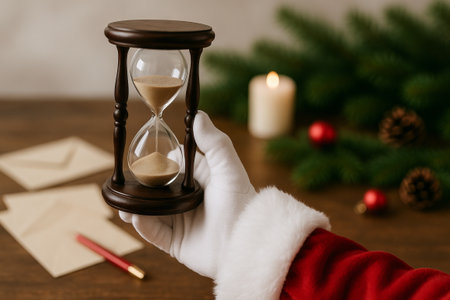 Santa claus holding hourglass with christmas decor and envelopes on wooden table. concept of holiday countdown, time, festive season celebration, christmas decor.の写真素材